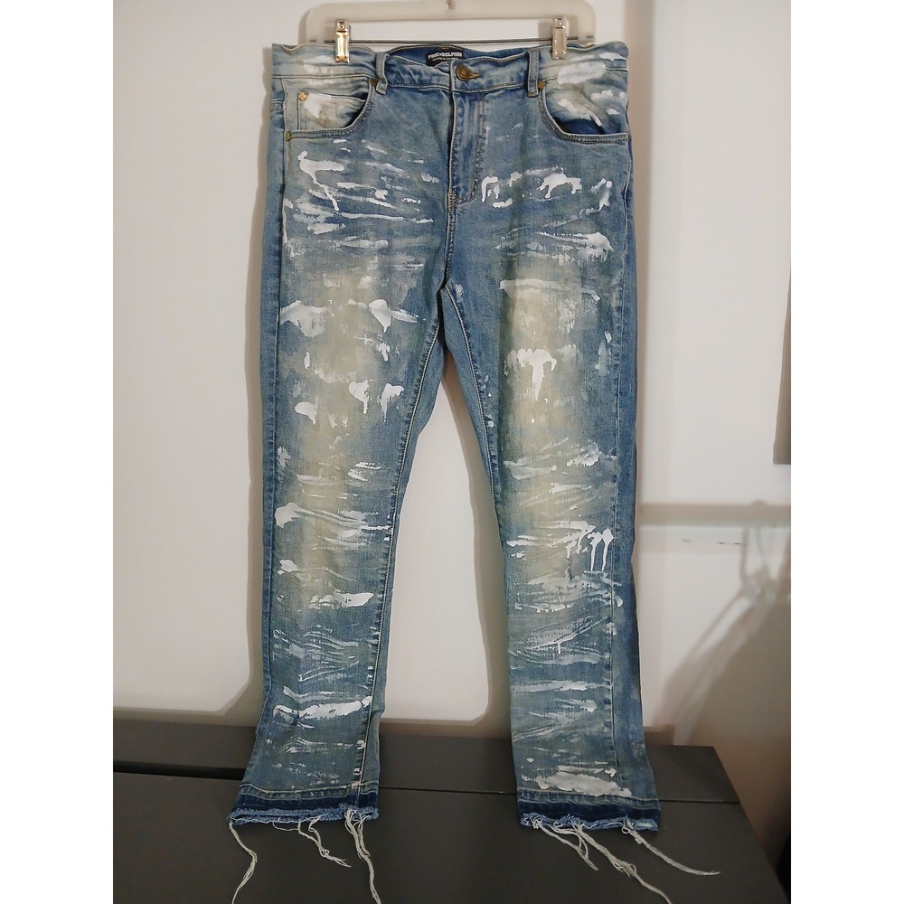 Pink Dolphin Mens 36 Distressed Paint Splatter Bleached Raw Hem Denim Jeans Blue